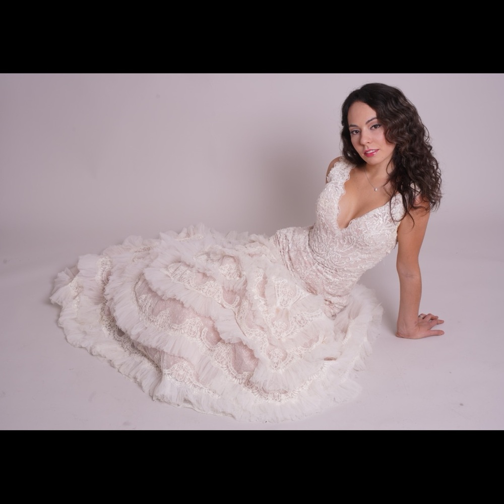 David’s Bridal Lace plunging V neck dress
